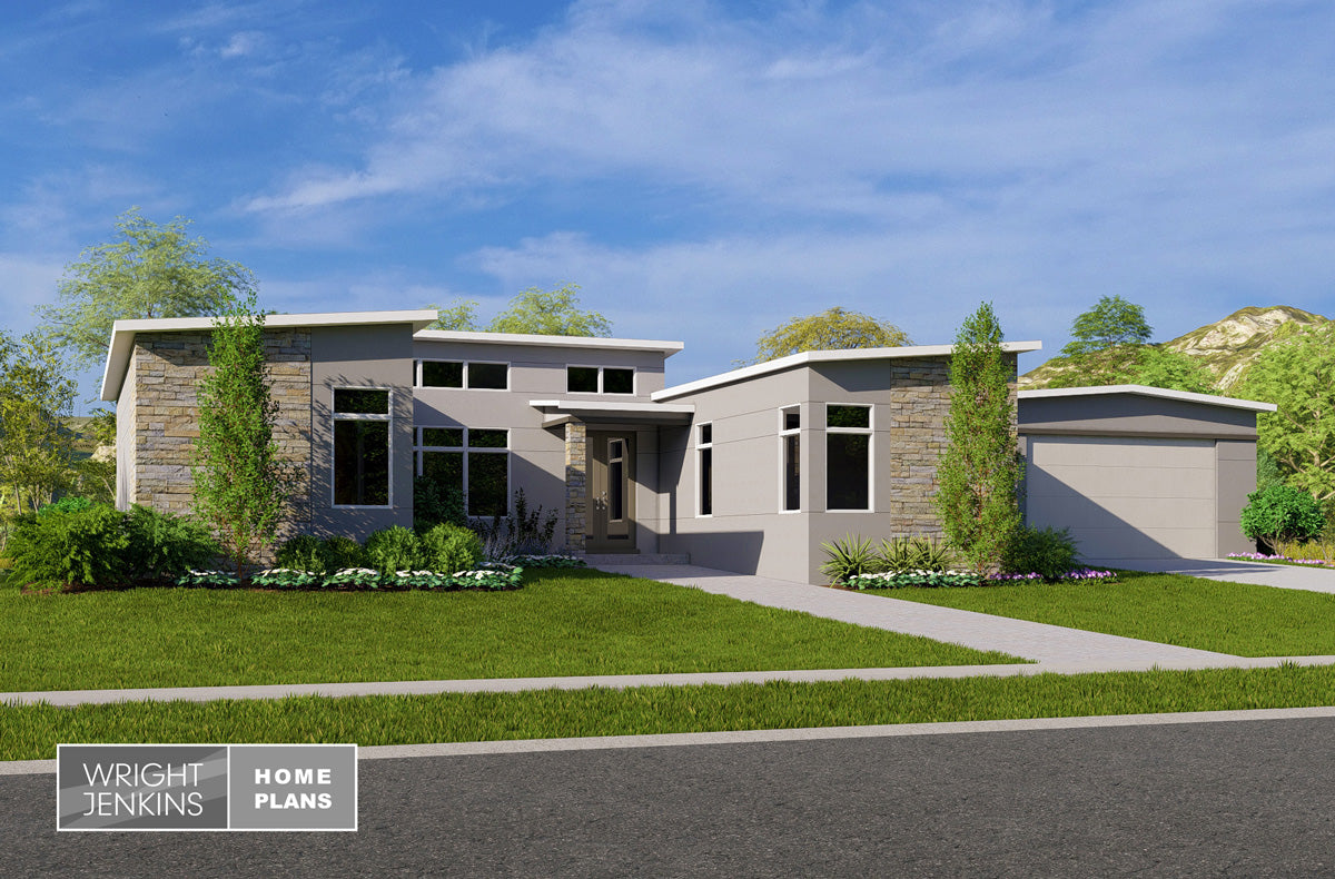 A modern single-story home rendering with a gray exterior, stone-textured wall panels, large windows, a front porch, landscaped lawn, trees, and a blue sky. A logo in the lower left reads Wright Jenkins Home Plans.