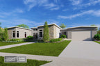A 3D architectural rendering of a modern single-story home with a garage, set against a bright blue sky. The house features a combination of light gray siding and textured stone veneer on the exterior walls, with a green lawn and concrete driveway in the foreground.
