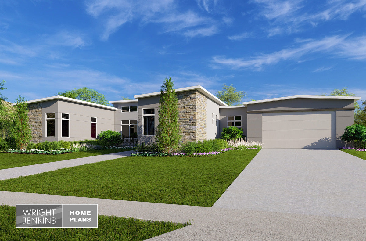 A 3D architectural rendering of a modern single-story home with a garage, set against a bright blue sky. The house features a combination of light gray siding and textured stone veneer on the exterior walls, with a green lawn and concrete driveway in the foreground.