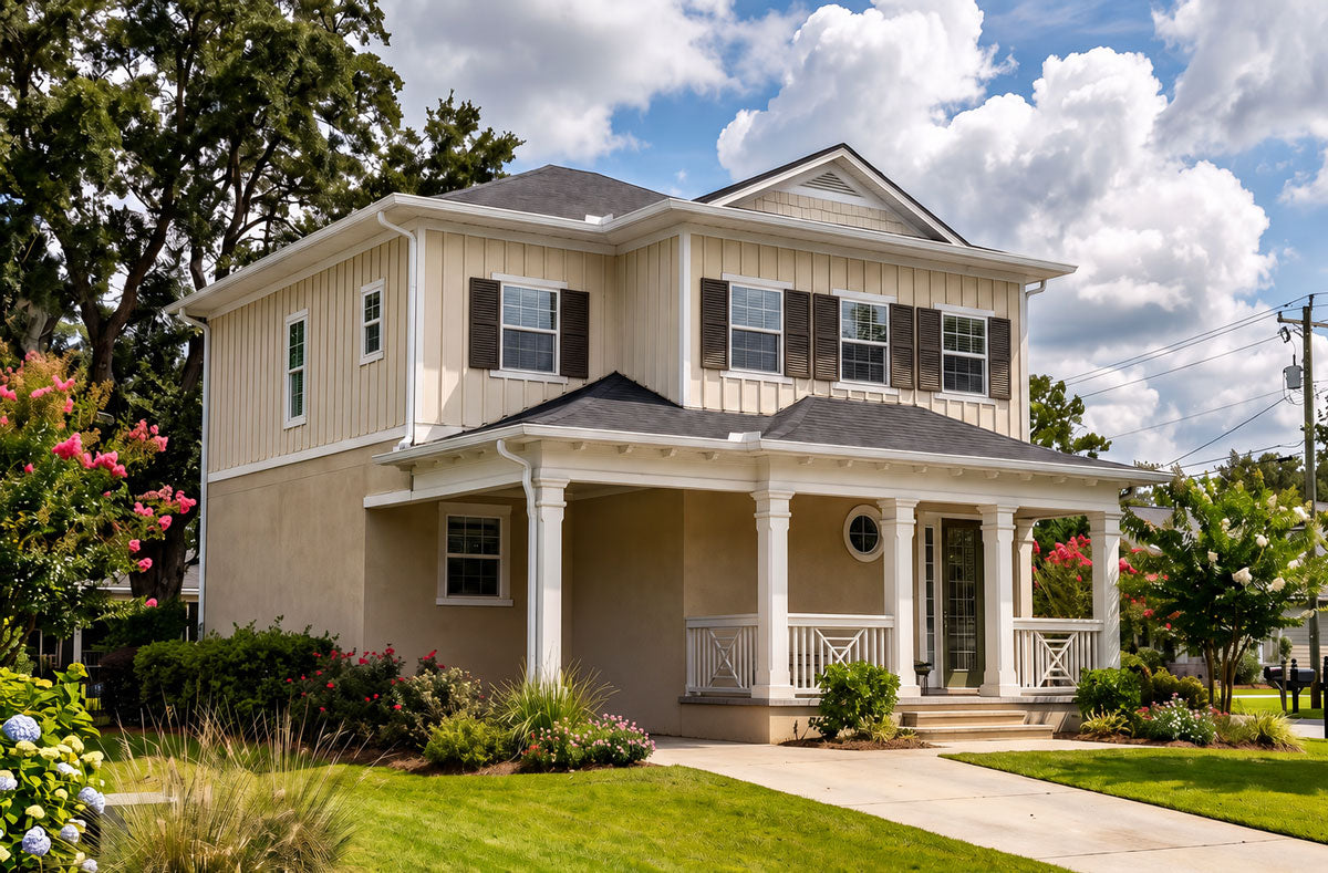 A two-story residential house with beige exterior walls, dark gray roof shingles, white columns on the front porch, and landscaped green lawns and shrubs under a blue sky with white clouds.