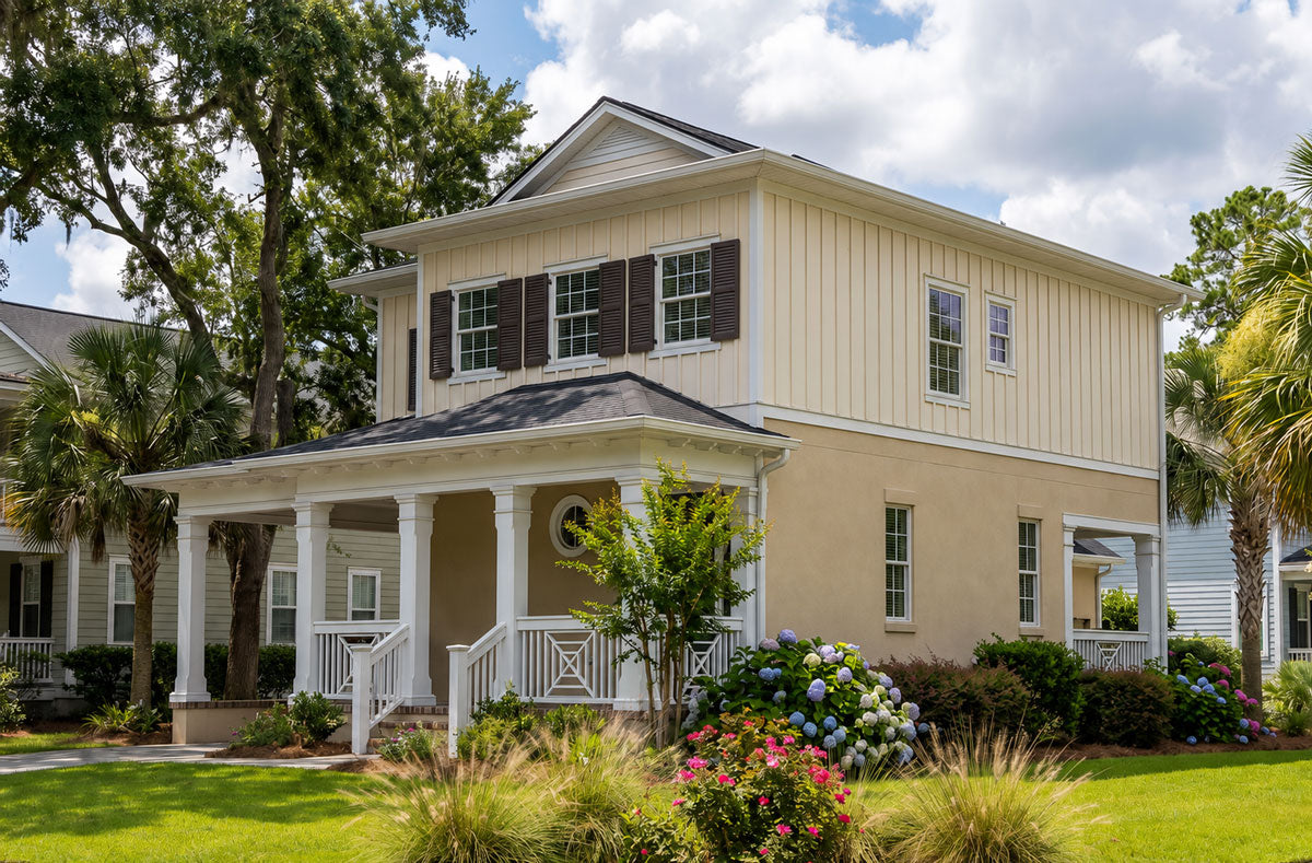 A two-story residential house with cream and beige siding, a white front porch with columns, dark shutters, a landscaped lawn, palm trees, and a cloudy blue sky background.
