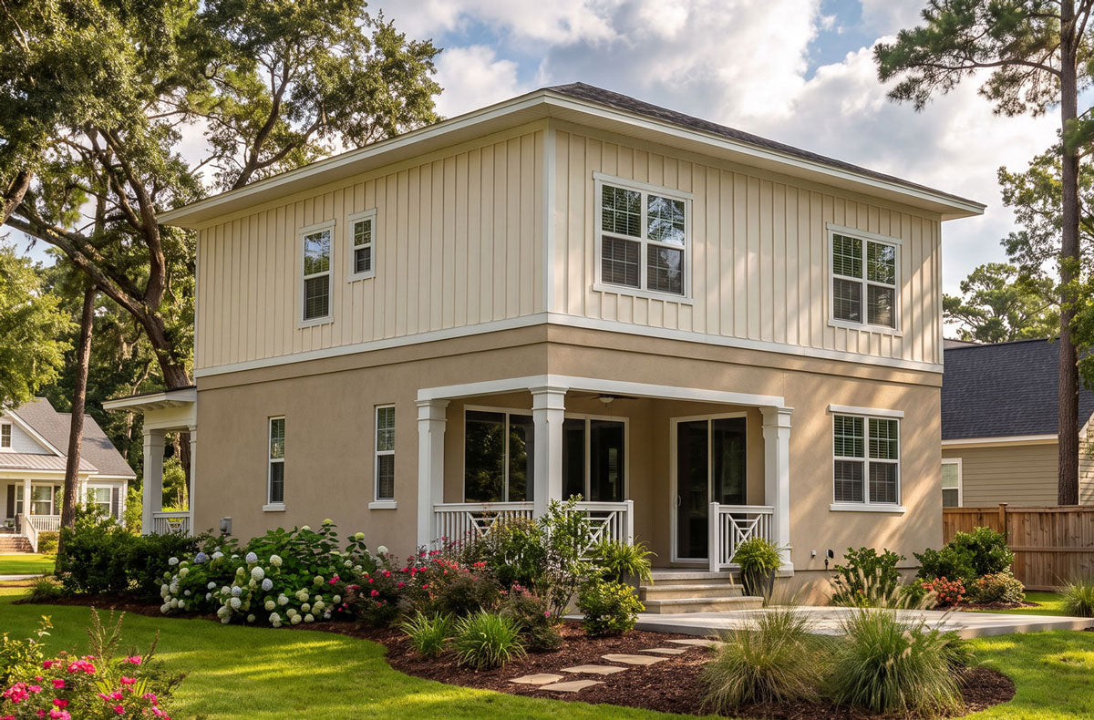 A two-story coastal-style house with beige and cream vertical siding, white trim, a front porch with white columns, and a landscaped lawn with flowers and trees.