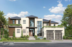 A modern two-story house exterior with cream stucco walls, dark roof tiles, large glass windows, a front porch, and a double garage, shown with landscaping, palm trees, and a blue sky.
