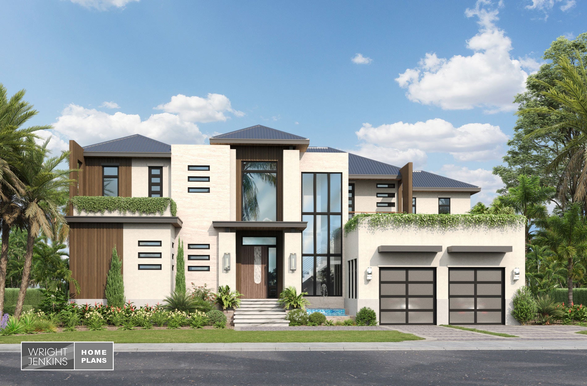 A modern two-story house exterior with cream stucco walls, dark wood siding, large glass windows, a covered entry, and a double garage with roof top deck. This home puts an emphasis on outdoor living.