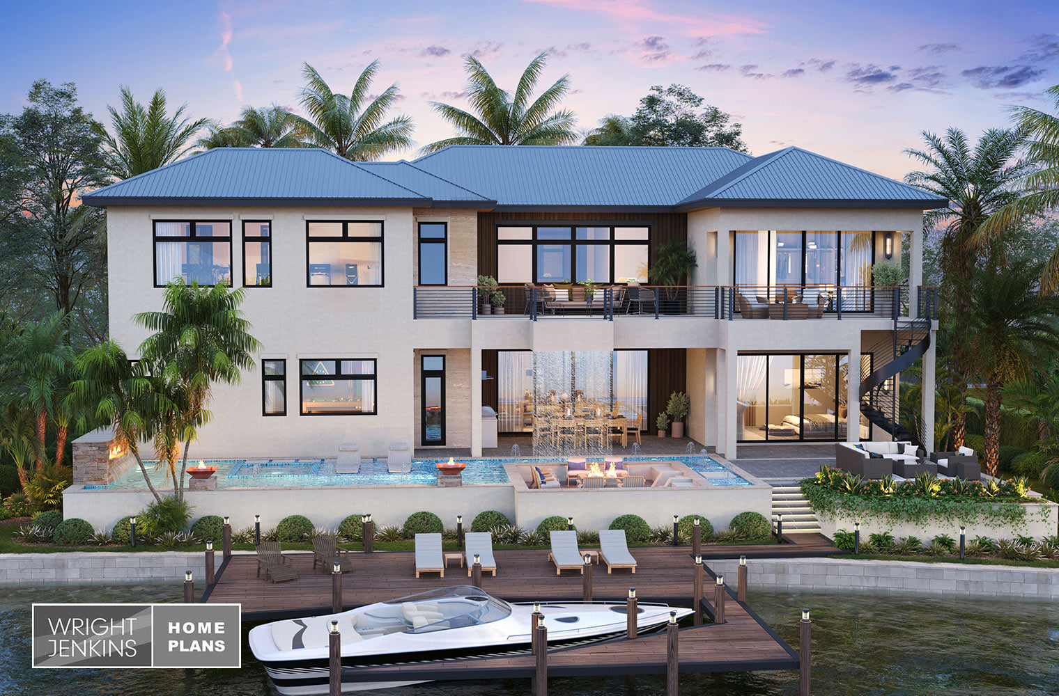 A modern two-story waterfront villa with a blue metal roof, white exterior walls, large glass windows, a rooftop pool, outdoor seating, a boat dock with a white boat, and palm trees at dusk. 